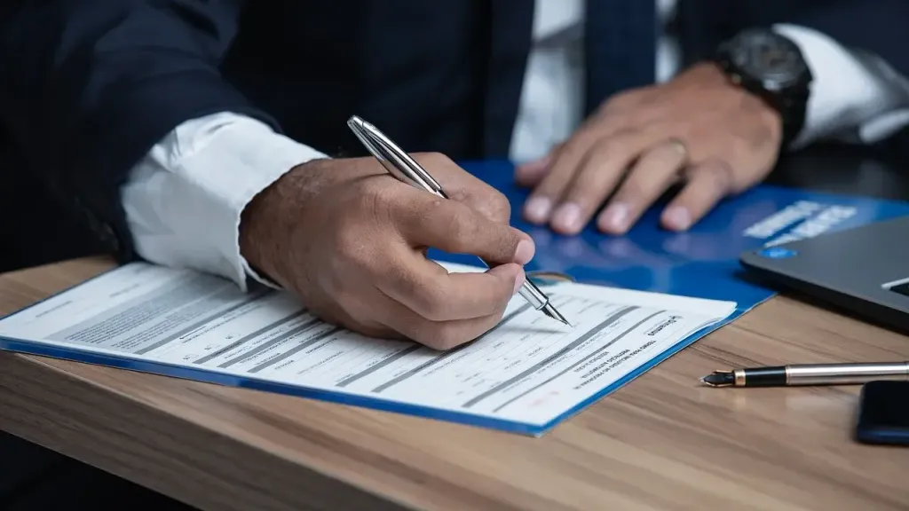 Businessman signing official documents for attestation services in Bangladesh for visa and immigration.