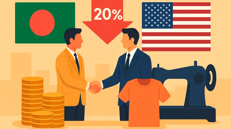 Illustration of Bangladesh-US trade deal with reduced 20% tariff, showing handshake between businessmen, flags, garment industry icons, and coins.