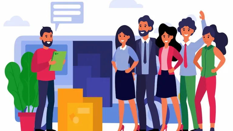 Illustration of HR manager and diverse team representing PEO and EOR services in Bangladesh